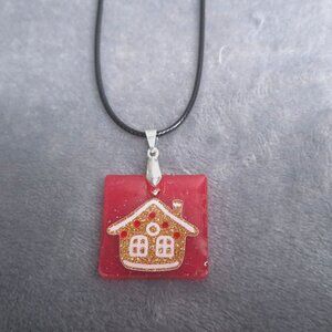 Handmade Resin Gingerbread House Pendant Necklace Adjustable Black Cord Gift